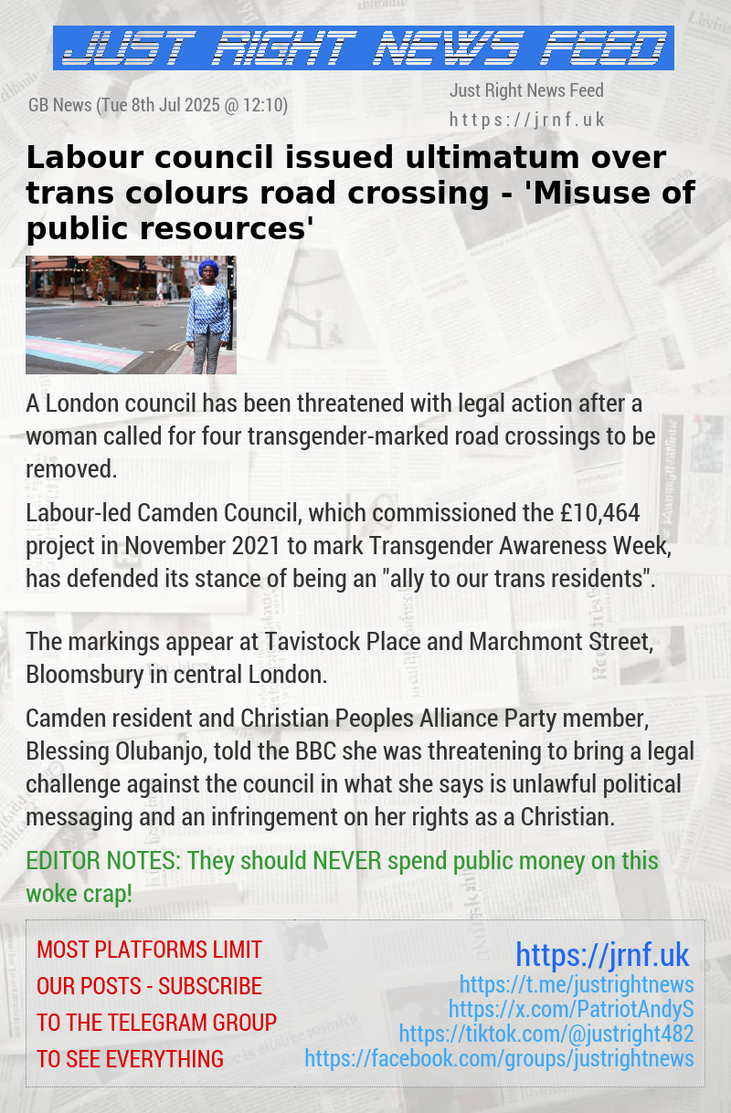 Labour council issued ultimatum over trans colours road crossing — ’Misuse of public resources’