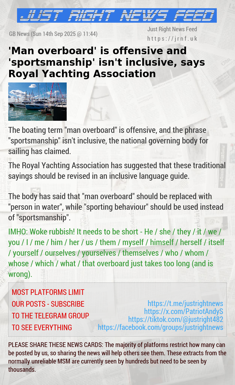 ’Man overboard’ is offensive and ’sportsmanship’ isn’t inclusive, says Royal Yachting Association