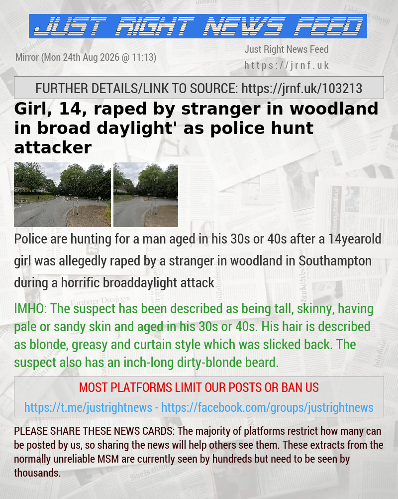 Girl, 14, raped by stranger in woodland in broad daylight’ as police hunt attacker