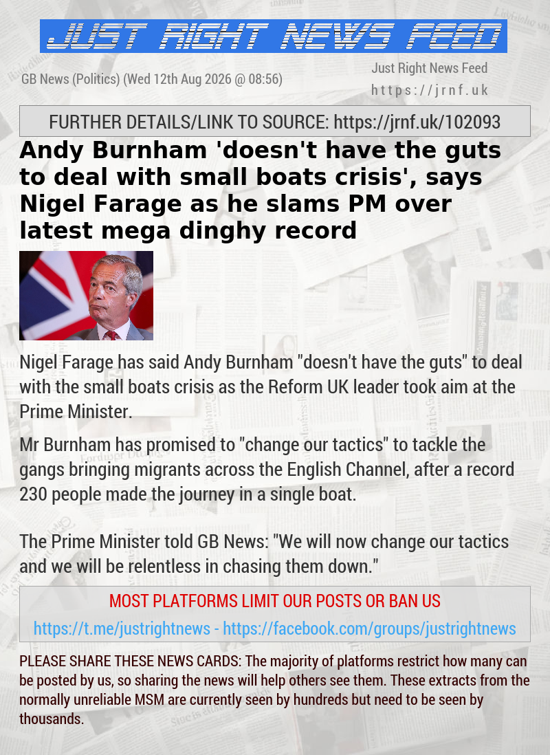 Andy Burnham ’doesn’t have the guts to deal with small boats crisis’, says Nigel Farage as he slams PM over latest mega dinghy record
