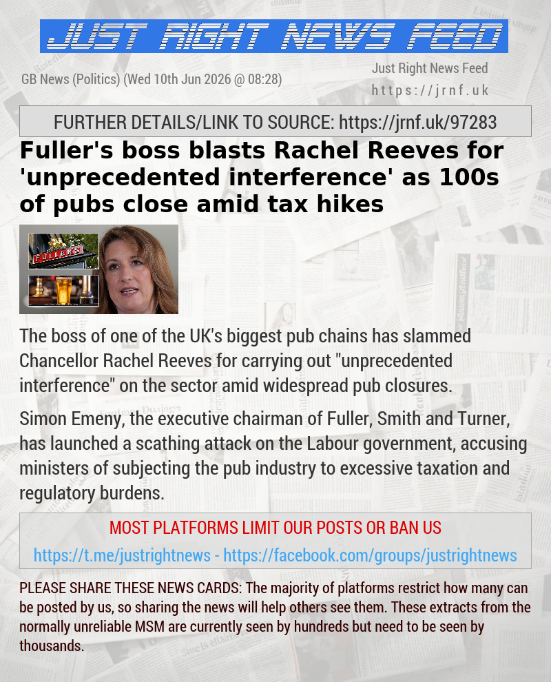 Fuller’s boss blasts Rachel Reeves for ’unprecedented interference’ as 100s of pubs close amid tax hikes