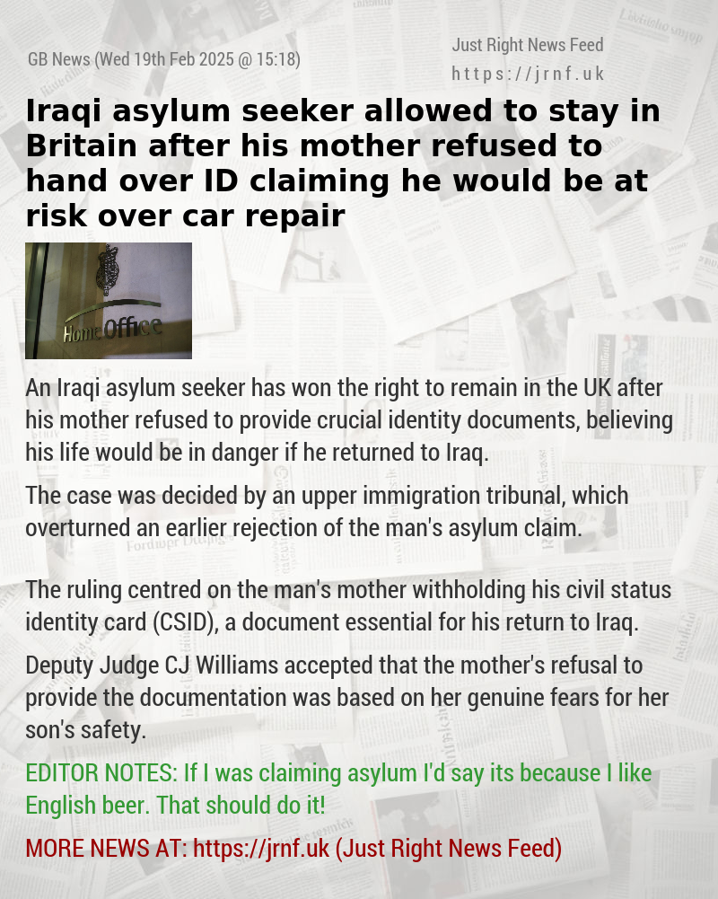 Iraqi asylum seeker allowed to stay in Britain after his mother refused to hand over ID claiming he would be at risk over car repair