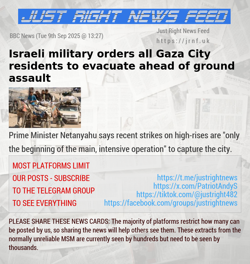 Israeli military orders all Gaza City residents to evacuate ahead of ground assault