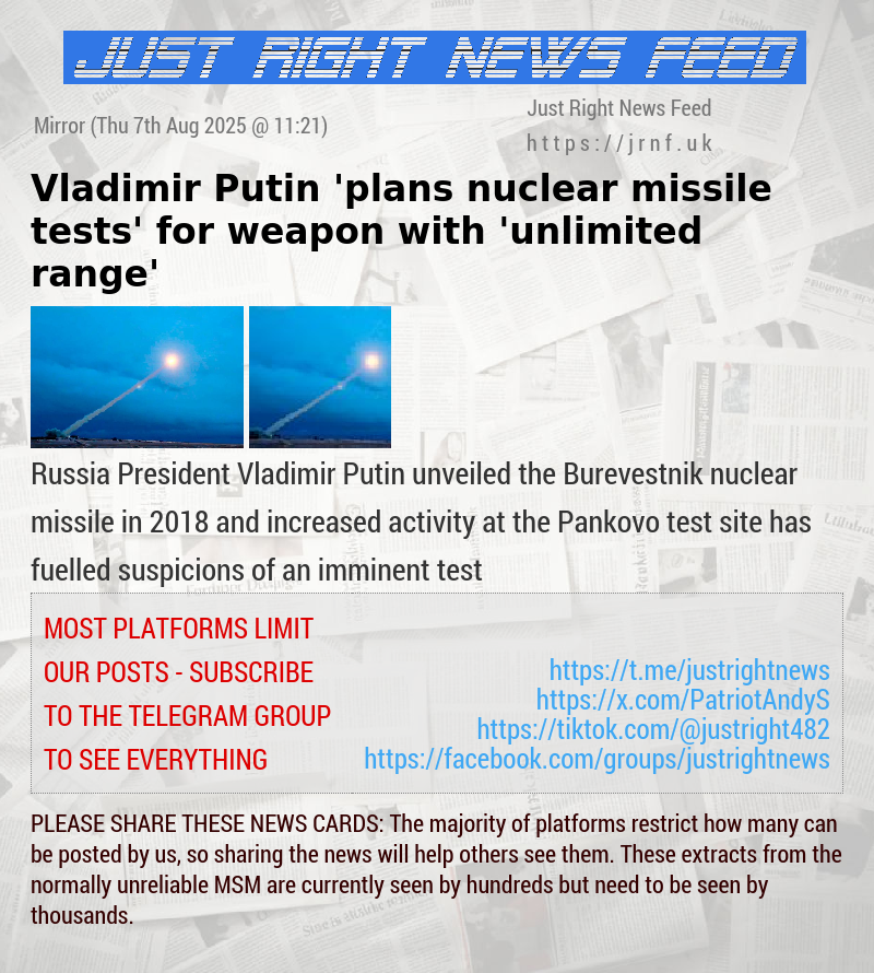 Vladimir Putin ’plans nuclear missile tests’ for weapon with ’unlimited range’