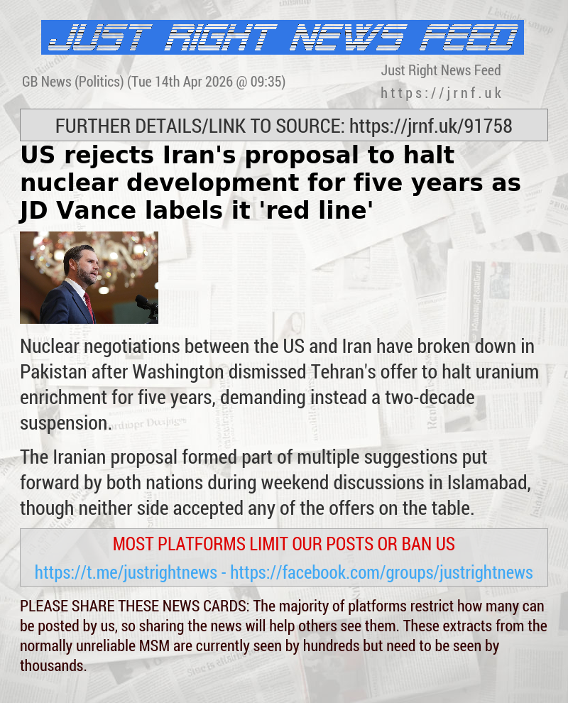 US rejects Iran’s proposal to halt nuclear development for five years as JD Vance labels it ’red line’
