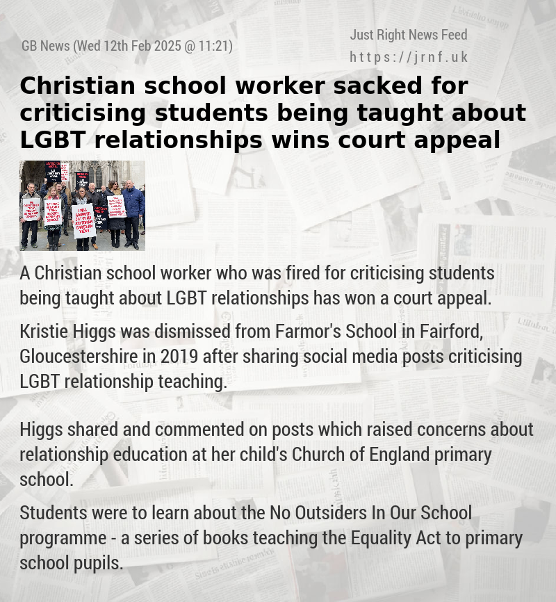 Christian school worker sacked for criticising students being taught about LGBT relationships wins court appeal