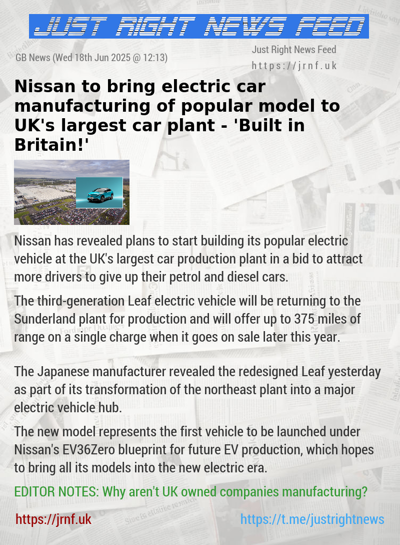 Nissan to bring electric car manufacturing of popular model to UK’s largest car plant — ’Built in Britain!’