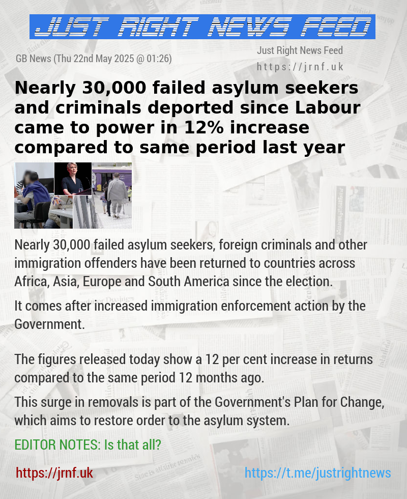 Nearly 30,000 failed asylum seekers and criminals deported since Labour came to power in 12% increase compared to same period last year