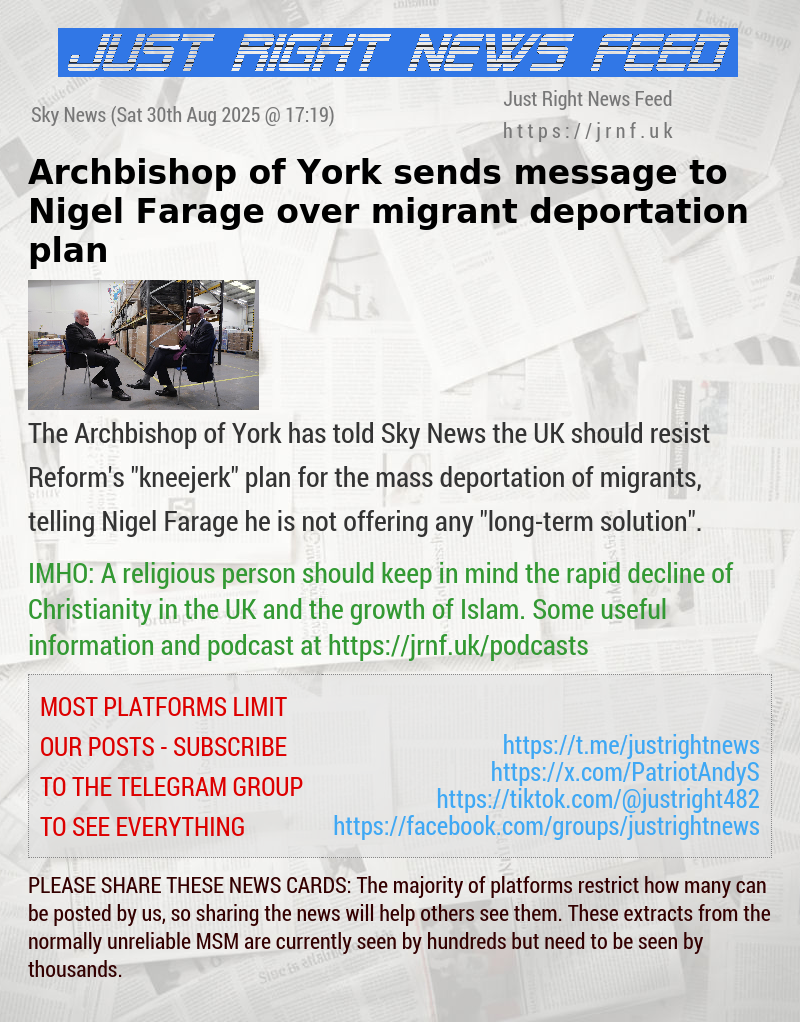 Archbishop of York sends message to Nigel Farage over migrant deportation plan