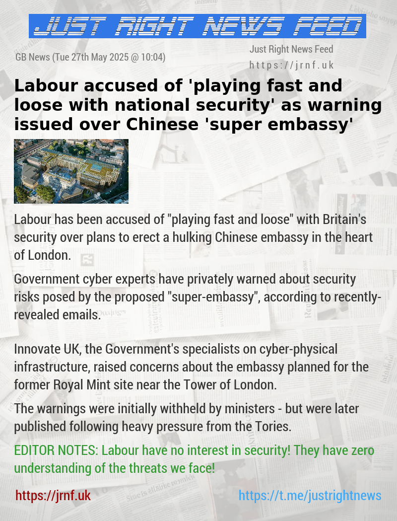 Labour accused of ’playing fast and loose with national security’ as warning issued over Chinese ’super—embassy’