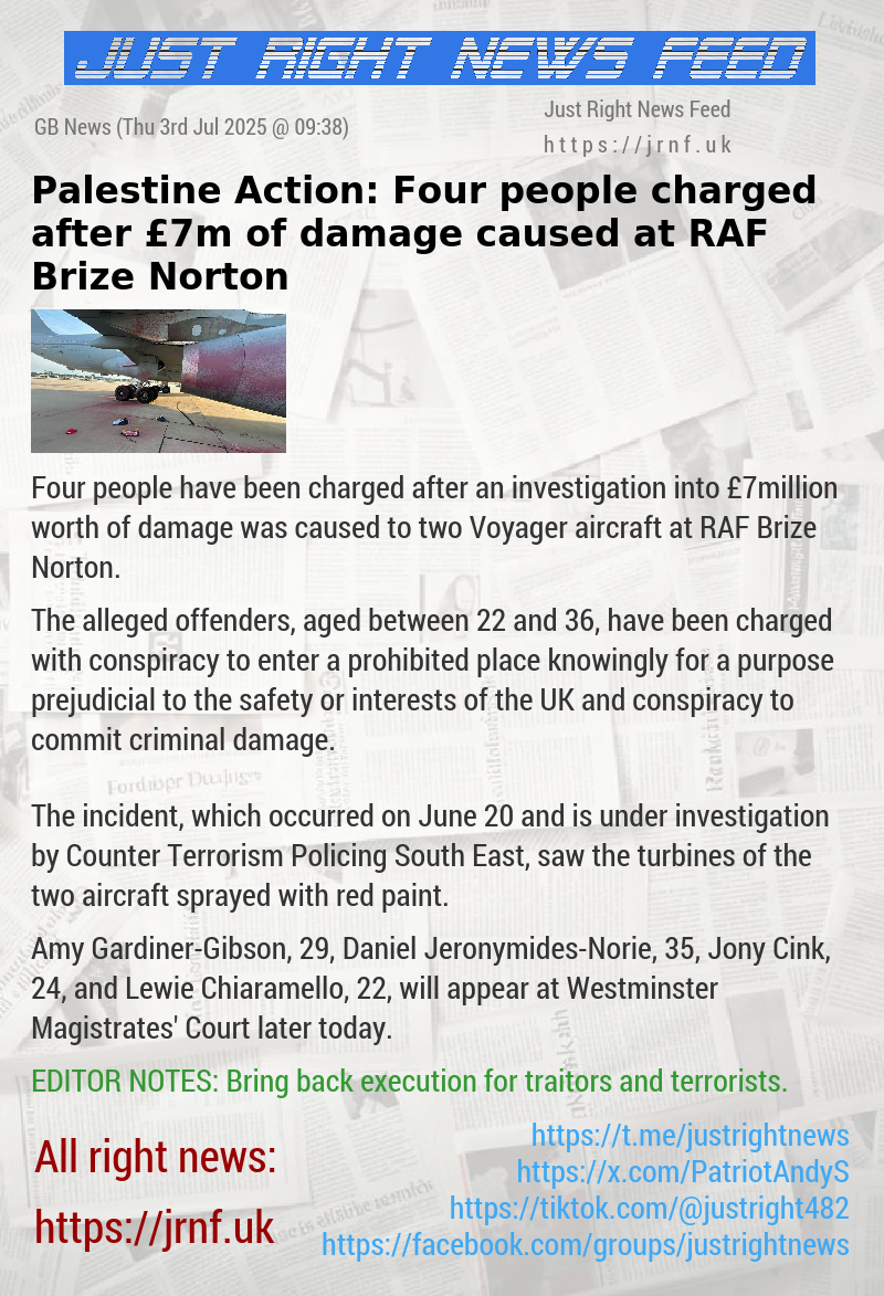 Palestine Action: Four people charged after £7m of damage caused at RAF Brize Norton