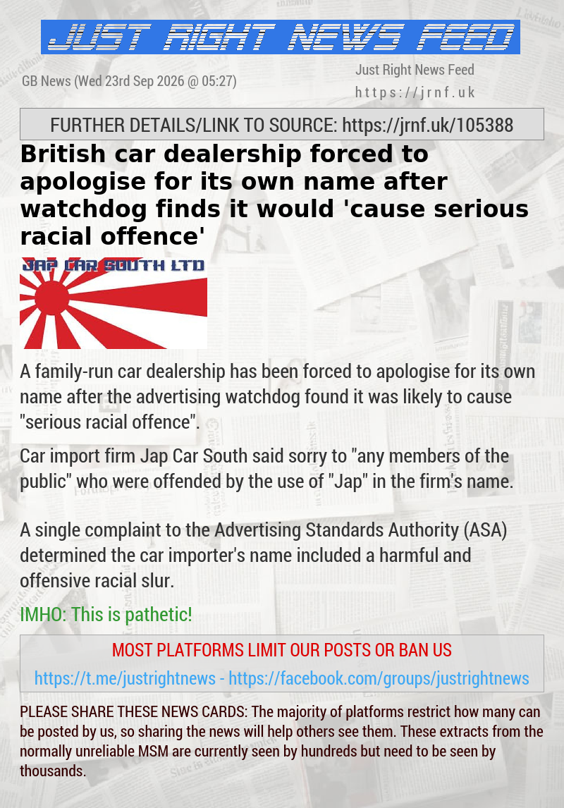 British car dealership forced to apologise for its own name after watchdog finds it would ’cause serious racial offence’