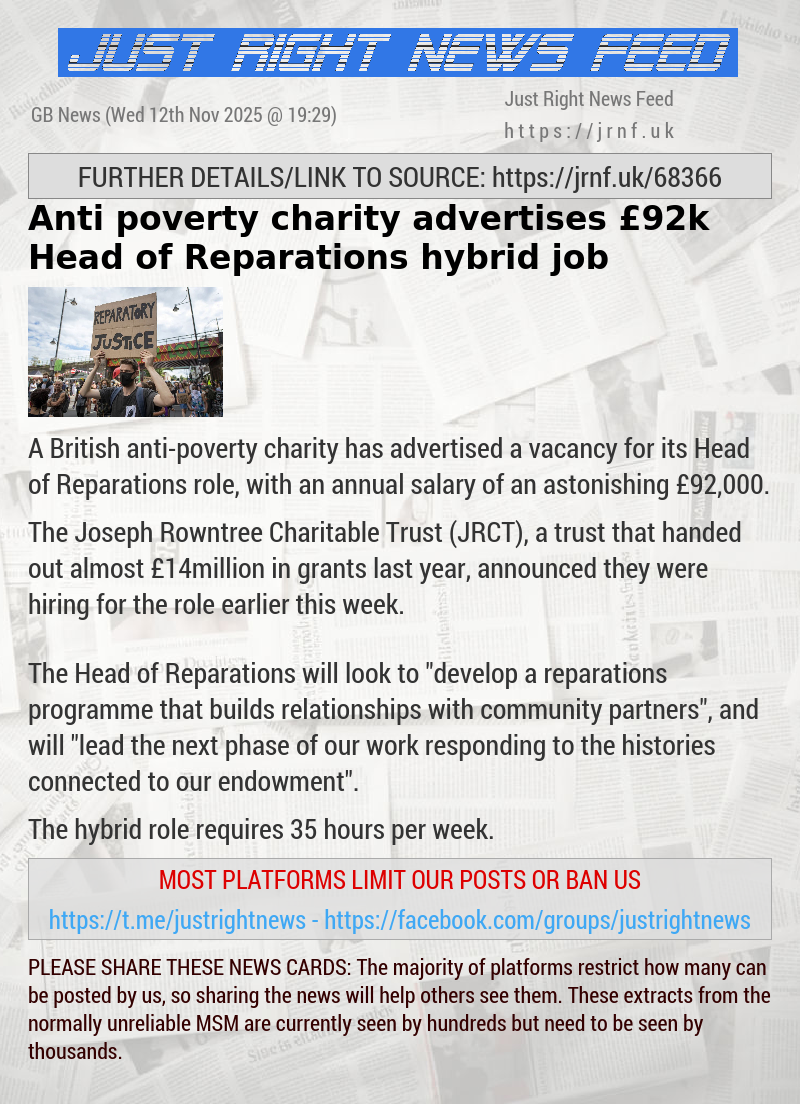 Anti—poverty charity advertises &pound;92k Head of Reparations hybrid job