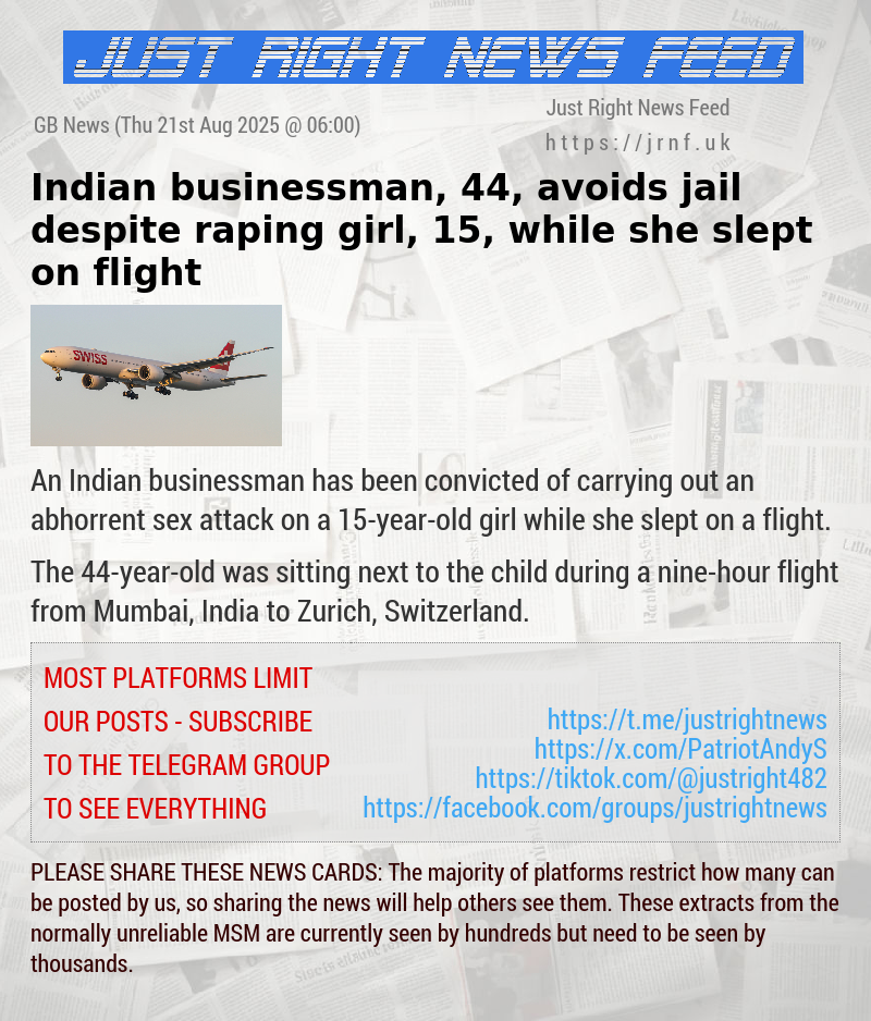 Indian businessman, 44, avoids jail despite raping girl, 15, while she slept on flight
