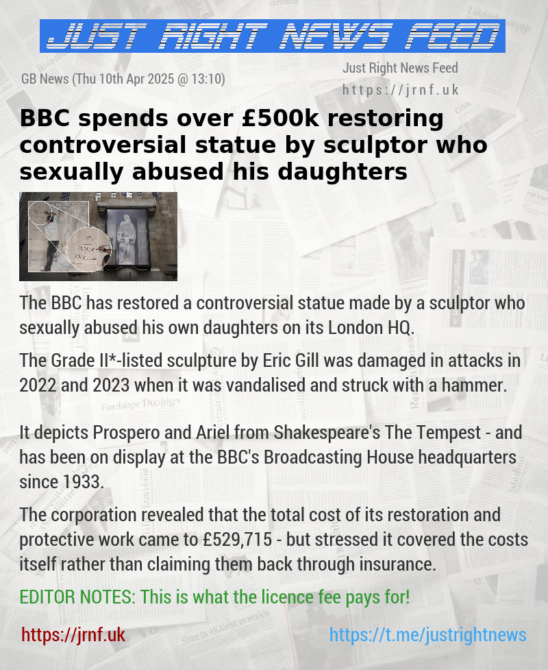 BBC spends over £500k restoring controversial statue by sculptor who sexually abused his daughters