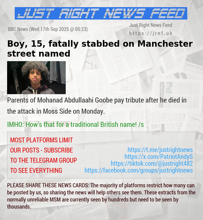 Boy, 15, fatally stabbed on Manchester street named