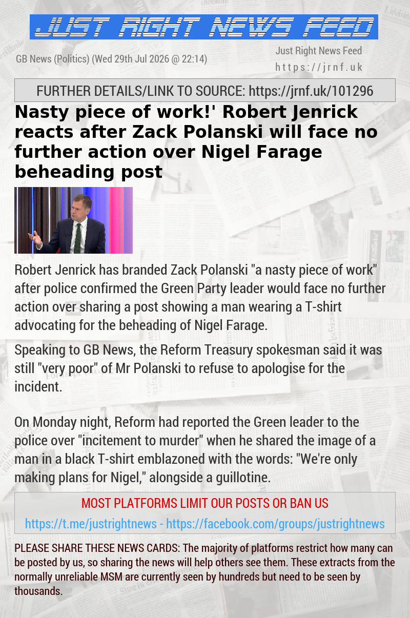 ‘Nasty piece of work!’ Robert Jenrick reacts after Zack Polanski will face no further action over Nigel Farage beheading post