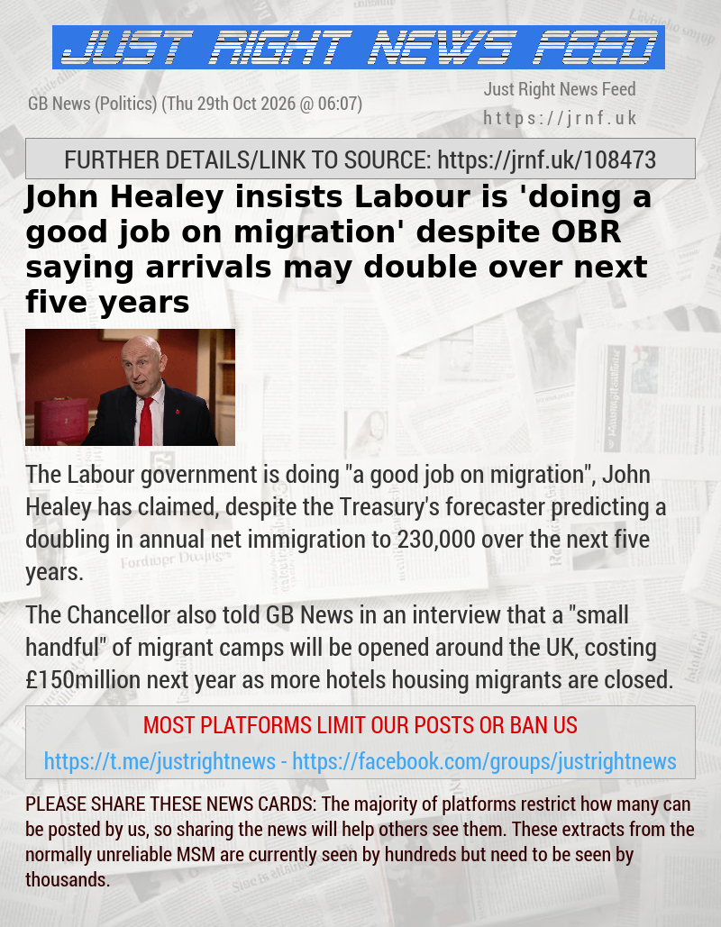 John Healey insists Labour is ’doing a good job on migration’ despite OBR saying arrivals may double over next five years