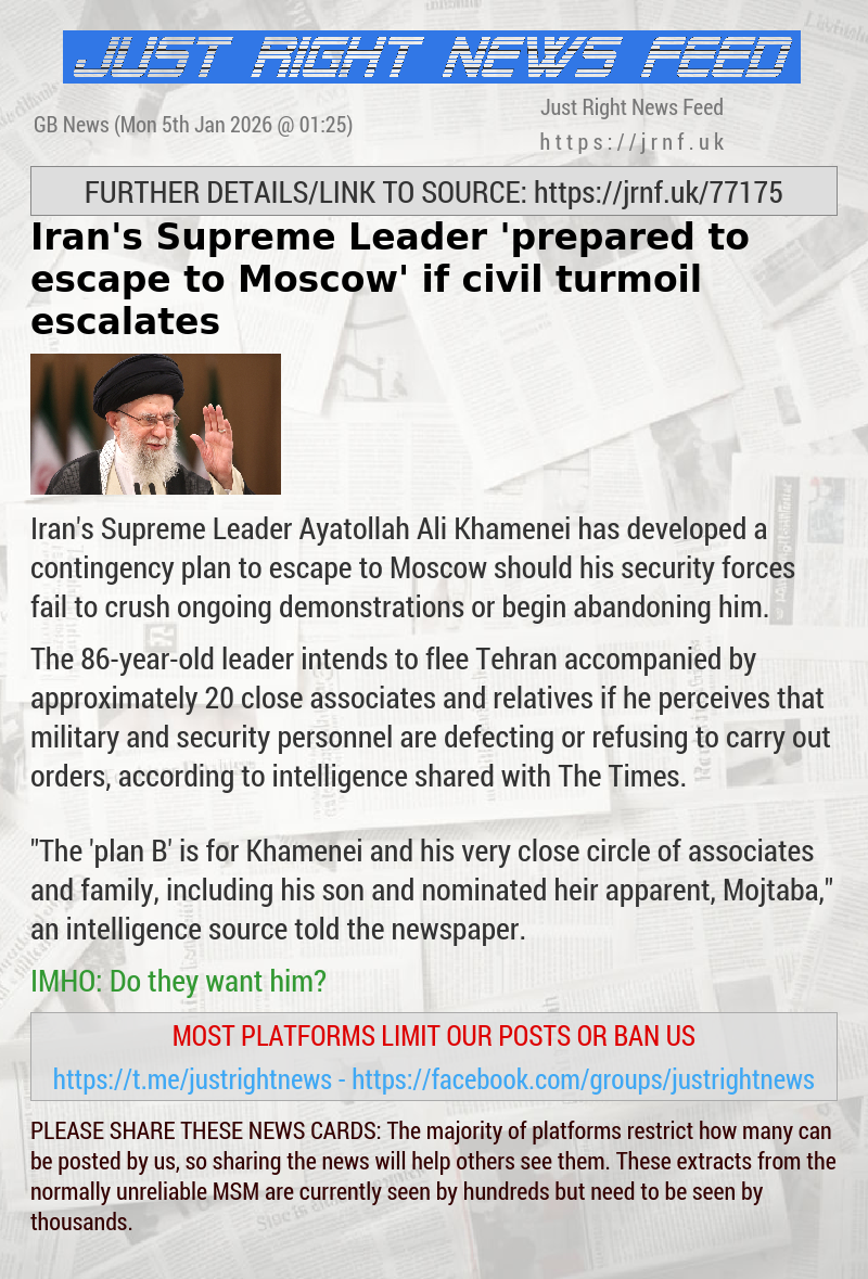 Iran’s Supreme Leader ‘prepared to escape to Moscow’ if civil turmoil escalates