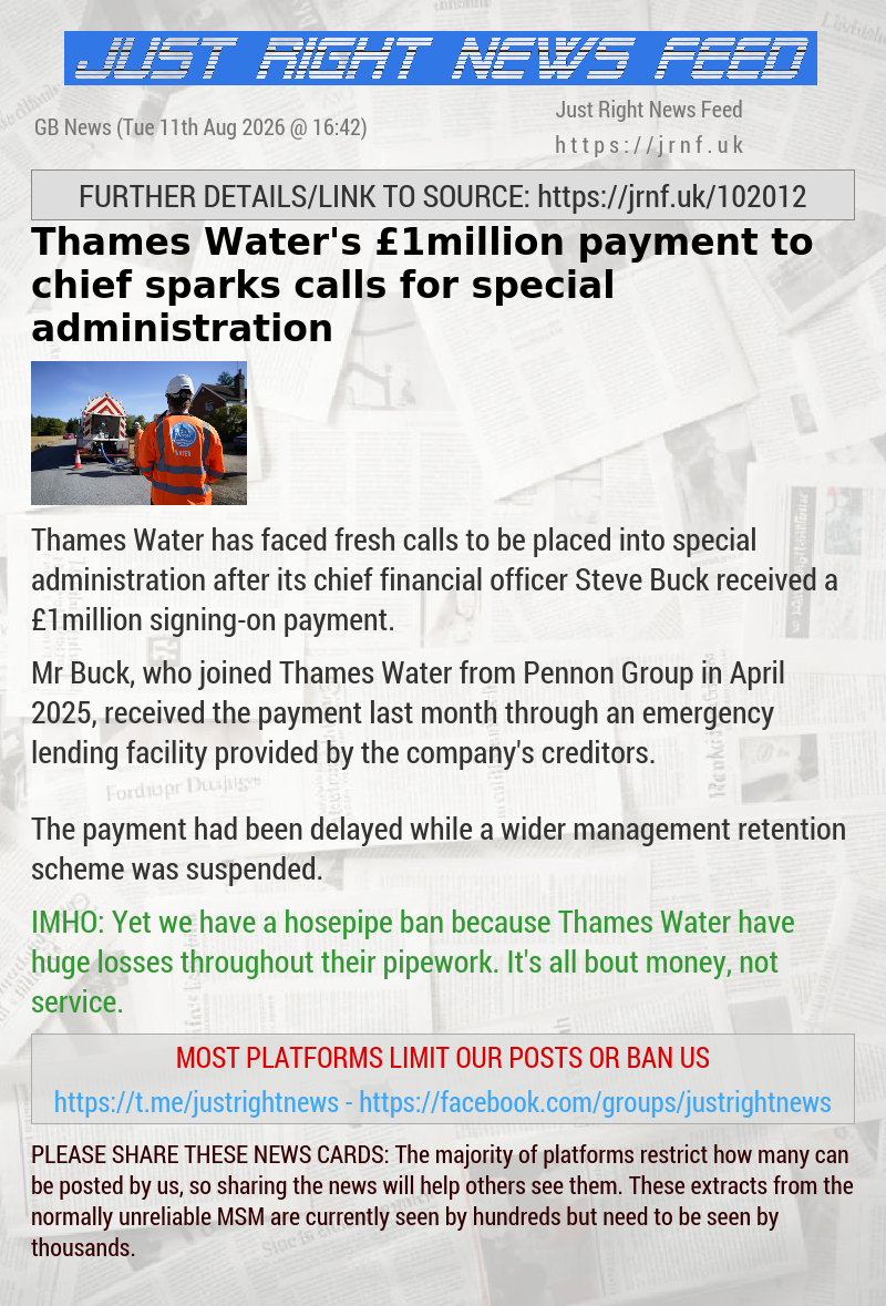 Thames Water’s &pound;1million payment to chief sparks calls for special administration