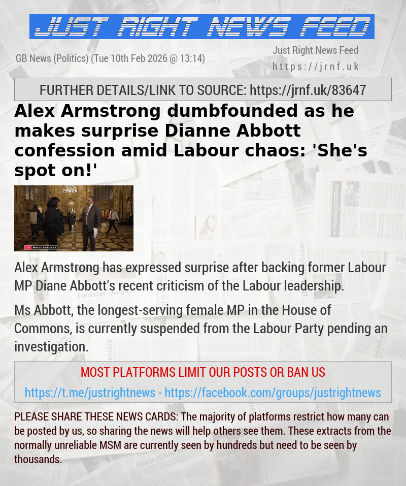 Alex Armstrong dumbfounded as he makes surprise Dianne Abbott confession amid Labour chaos: ’She’s spot on!’