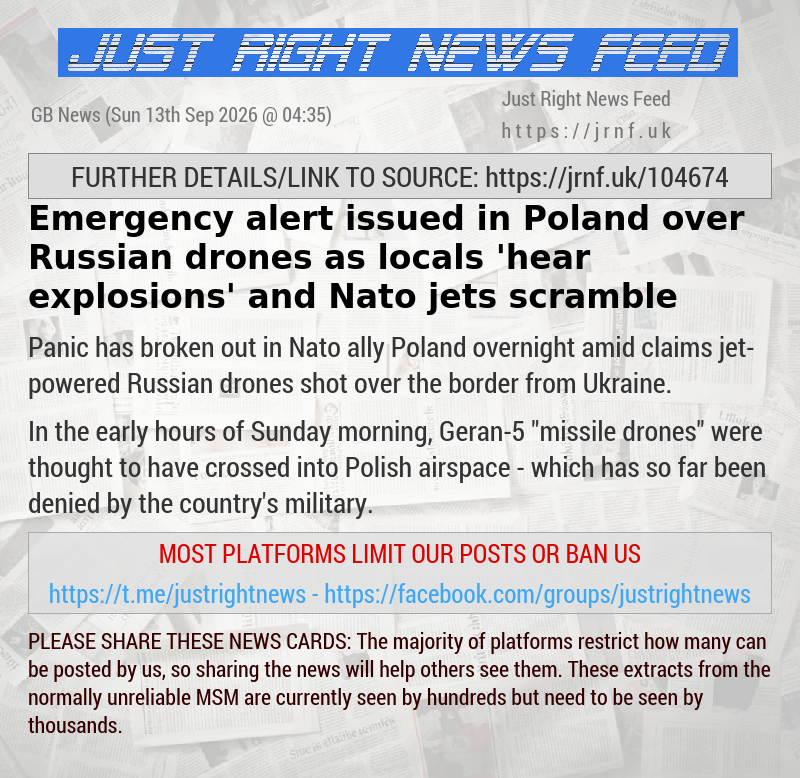 Emergency alert issued in Poland over Russian drones as locals ’hear explosions’ and Nato jets scramble