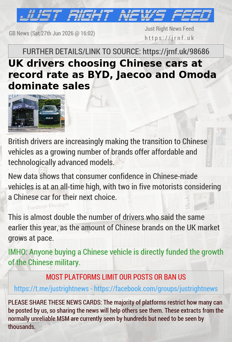 UK drivers choosing Chinese cars at record rate as BYD, Jaecoo and Omoda dominate sales