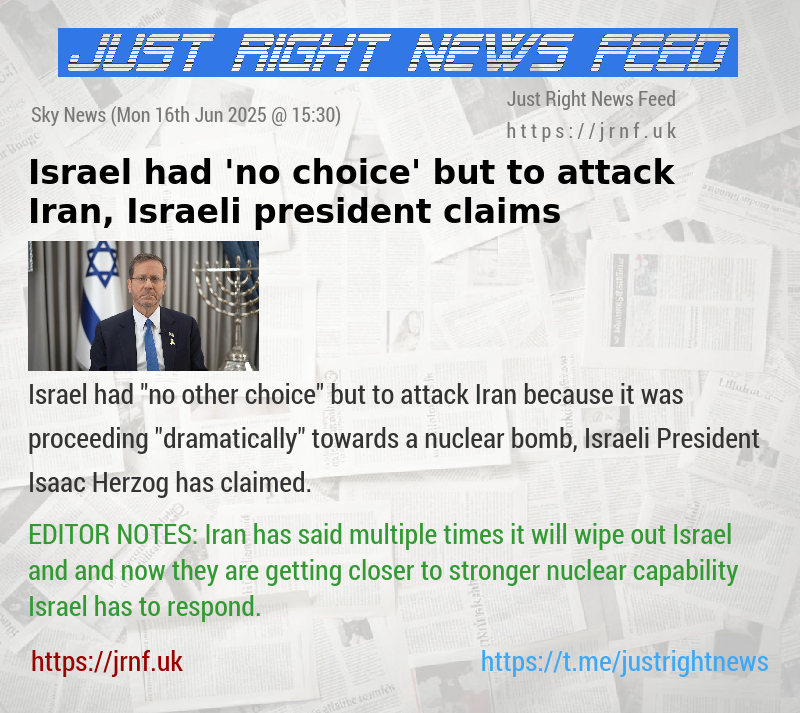 Israel had ’no choice’ but to attack Iran, Israeli president claims