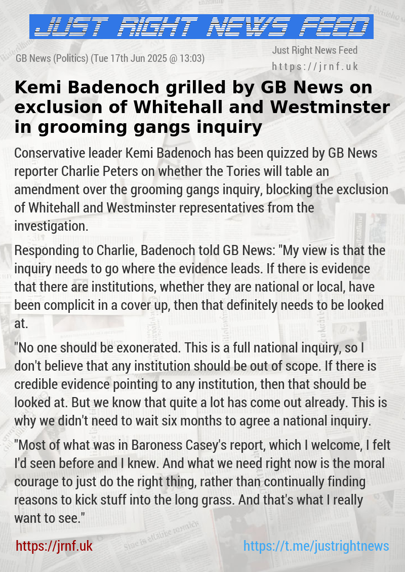 Kemi Badenoch grilled by GB News on exclusion of Whitehall and Westminster in grooming gangs inquiry