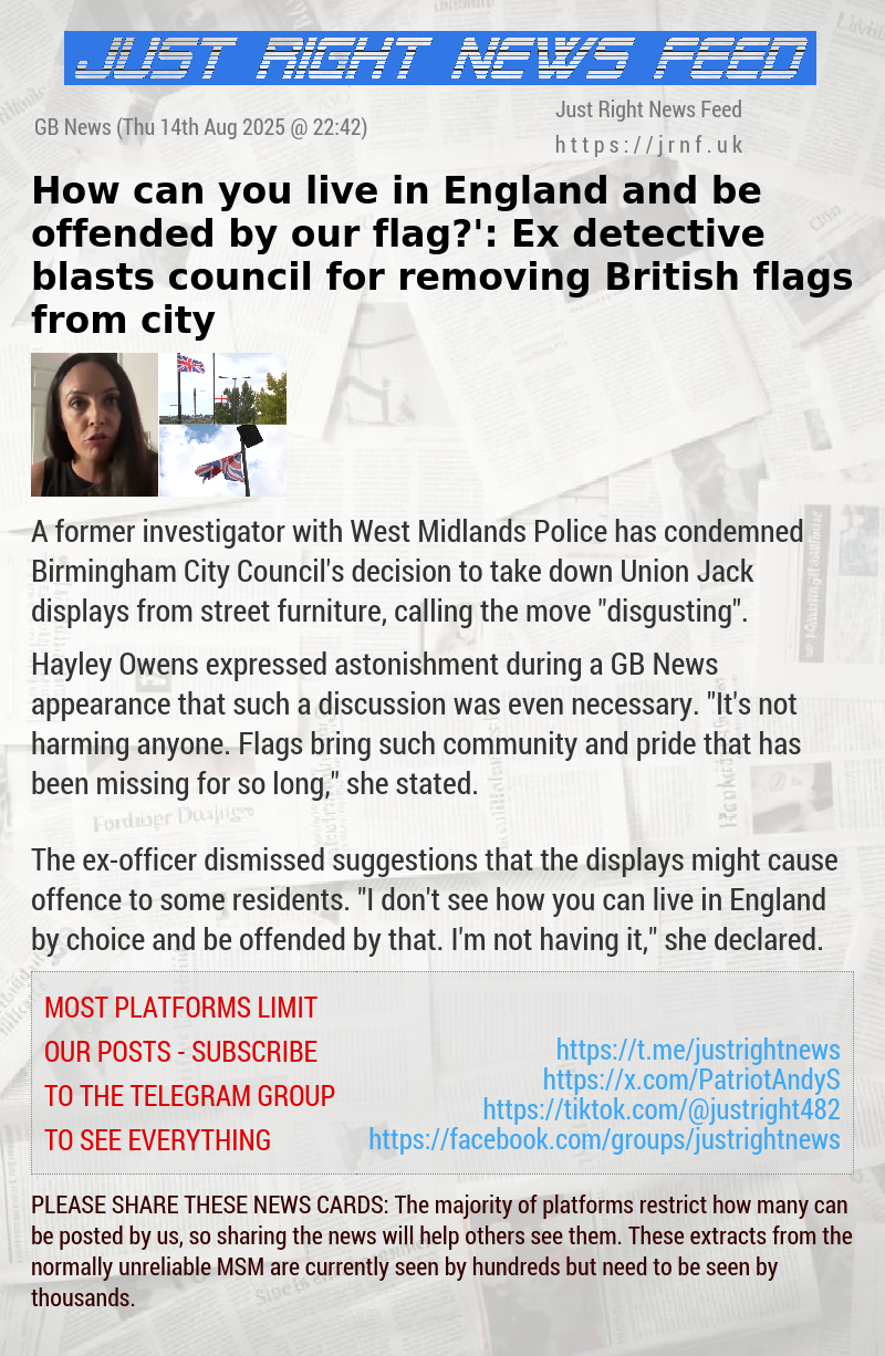 ‘How can you live in England and be offended by our flag?’: Ex—detective blasts council for removing British flags from city