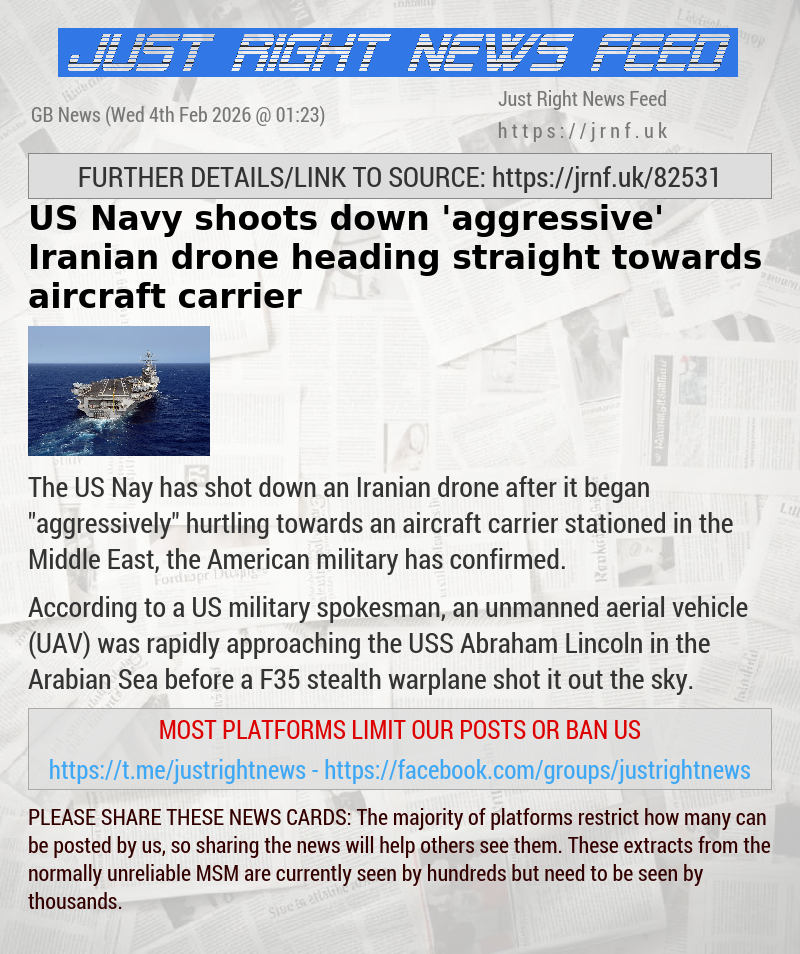 US Navy shoots down ’aggressive’ Iranian drone heading straight towards aircraft carrier