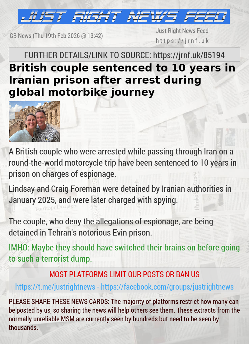 British couple sentenced to 10 years in Iranian prison after arrest during global motorbike journey