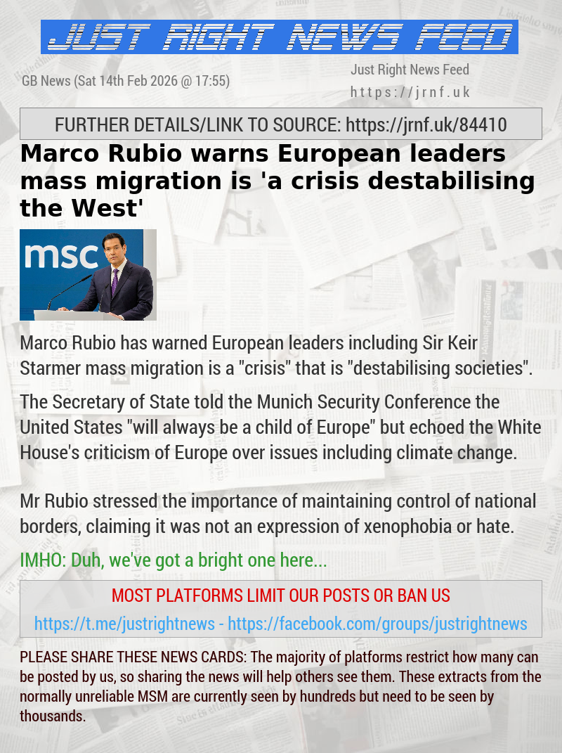 Marco Rubio warns European leaders mass migration is ’a crisis destabilising the West’