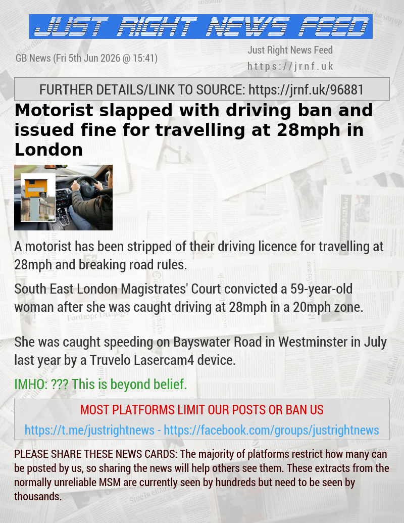 Motorist slapped with driving ban and issued fine for travelling at 28mph in London