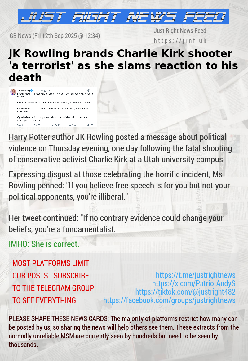 JK Rowling brands Charlie Kirk shooter ‘a terrorist’ as she slams reaction to his death