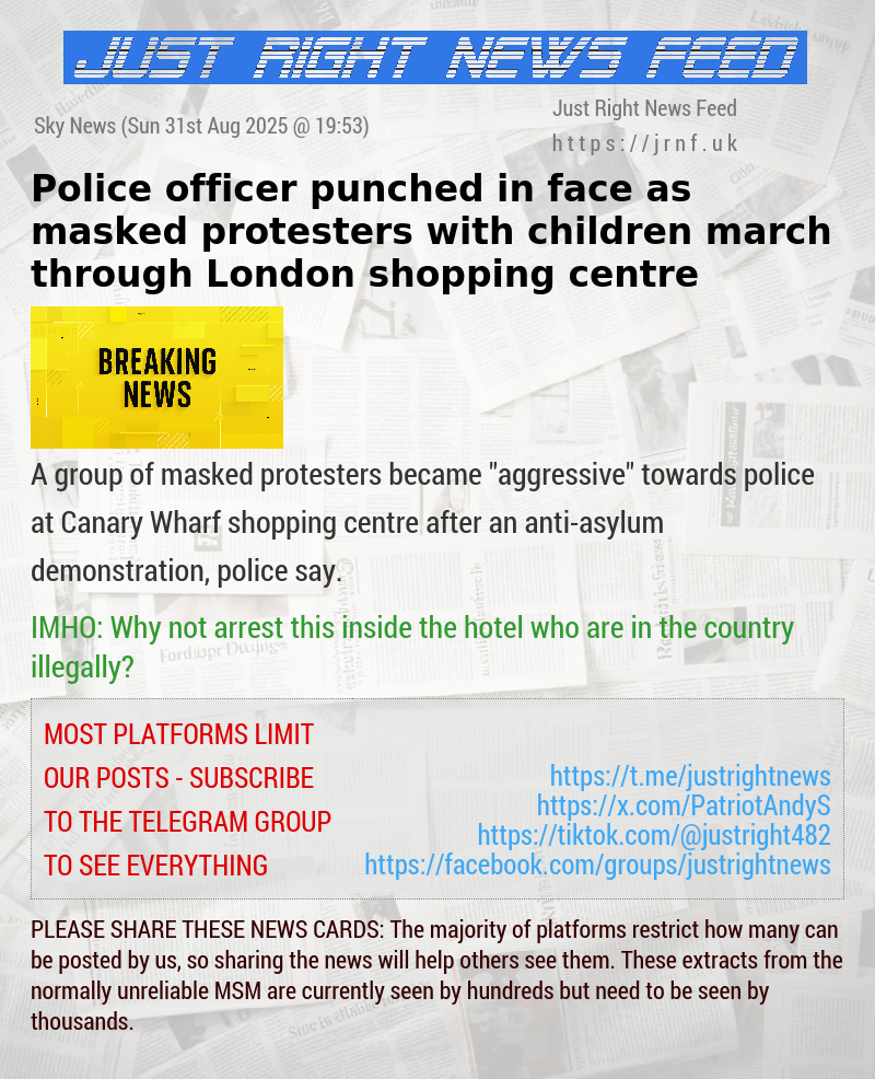 Police officer punched in face as masked protesters with children march through London shopping centre