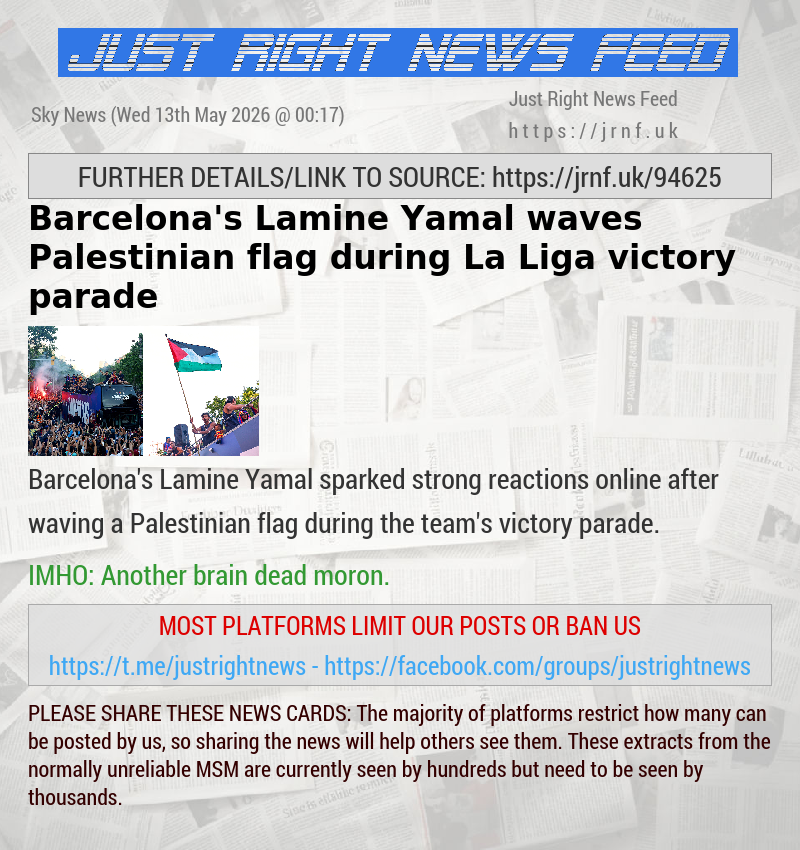 Barcelona’s Lamine Yamal waves Palestinian flag during La Liga victory parade