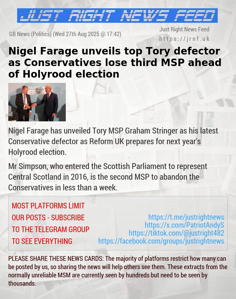 Nigel Farage unveils top Tory defector as Conservatives lose third MSP ahead of Holyrood election