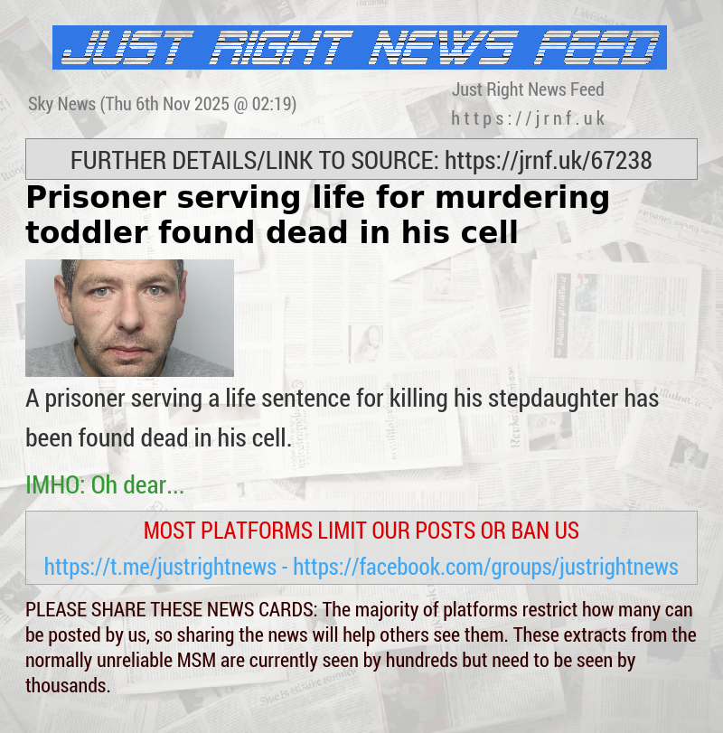 Prisoner serving life for murdering toddler found dead in his cell