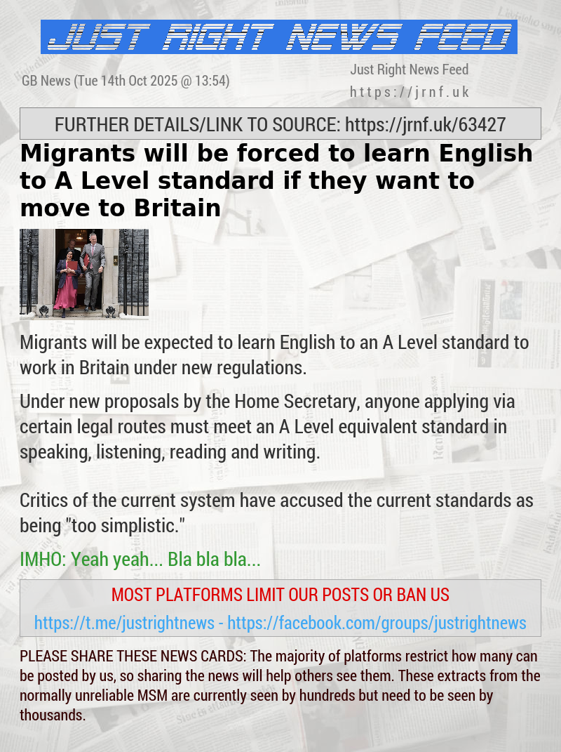 Migrants will be forced to learn English to A Level standard if they want to move to Britain