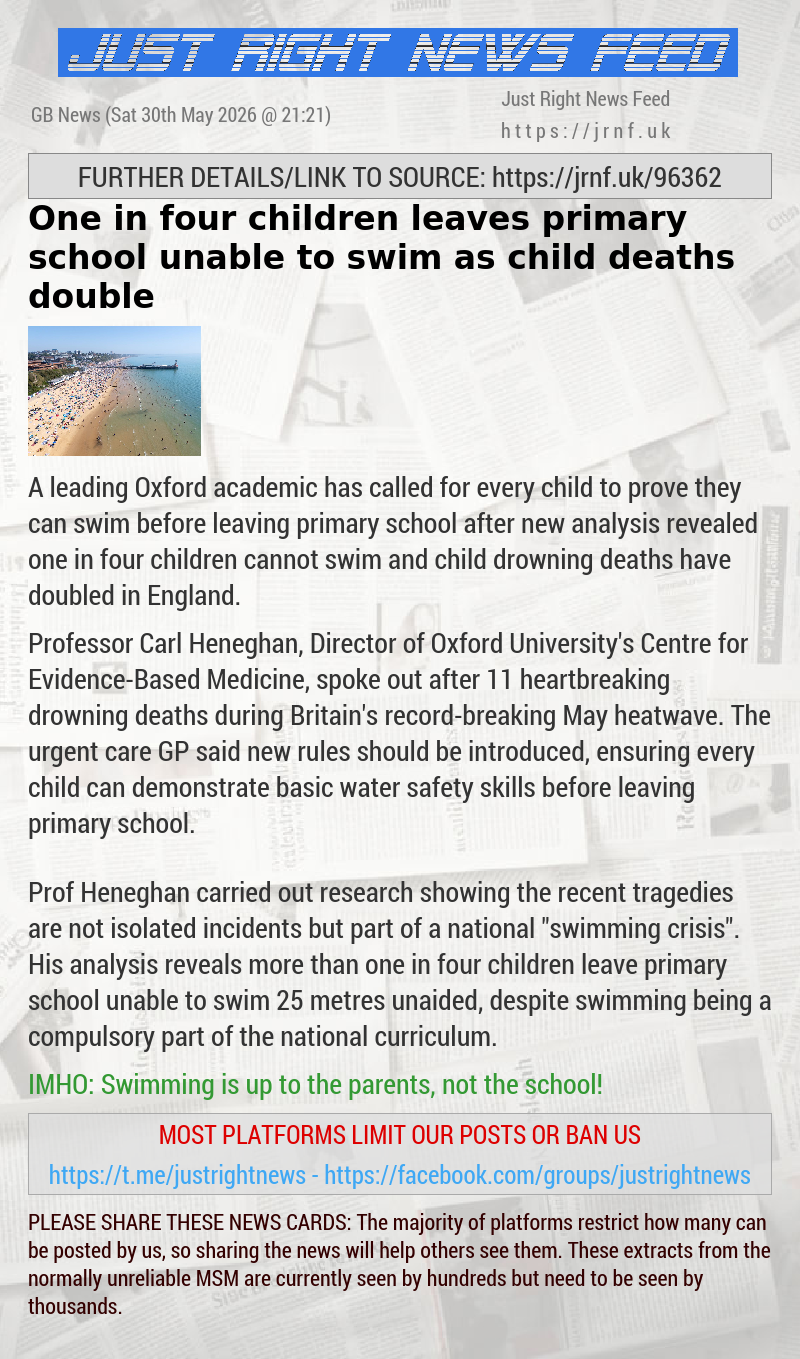 One in four children leaves primary school unable to swim as child deaths double