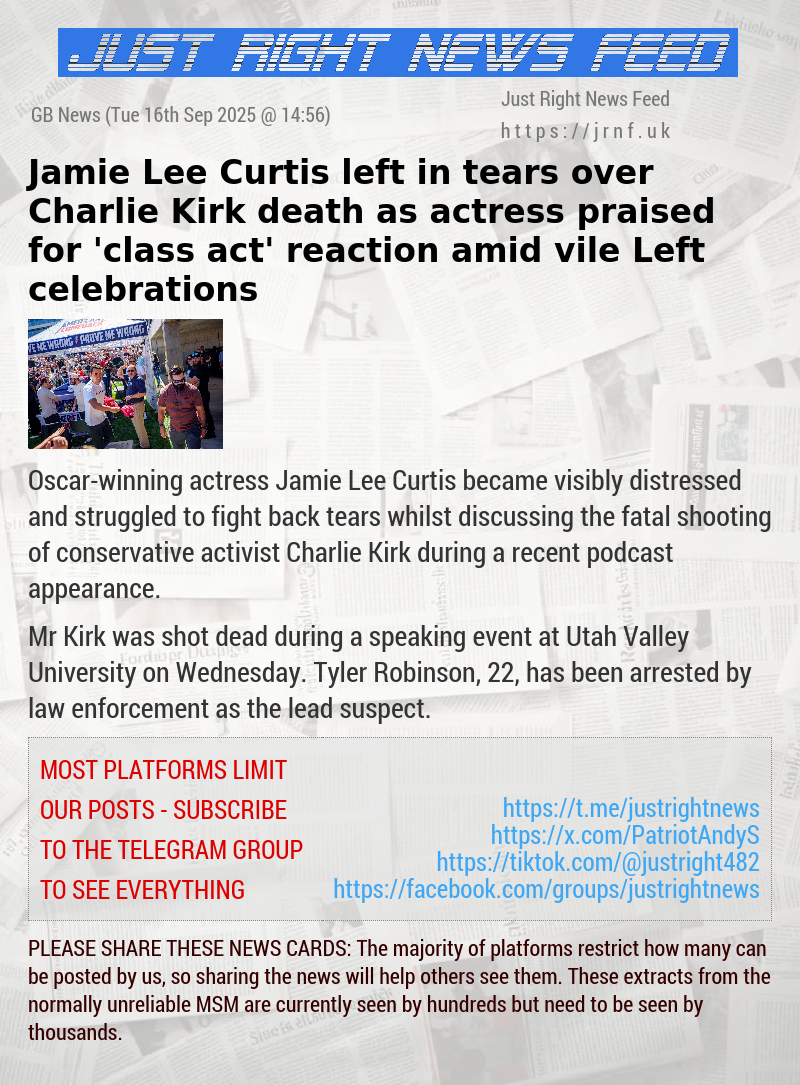 Jamie Lee Curtis left in tears over Charlie Kirk death as actress praised for ’class act’ reaction amid vile Left celebrations