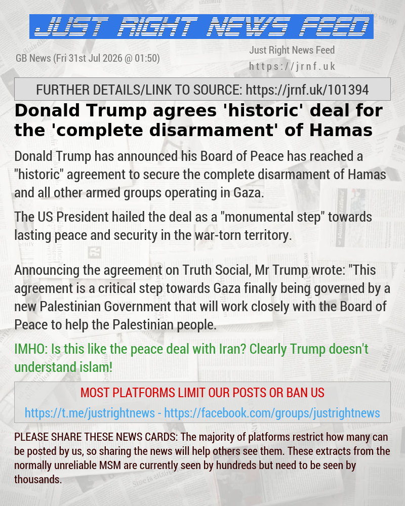 Donald Trump agrees ’historic’ deal for the ’complete disarmament’ of Hamas