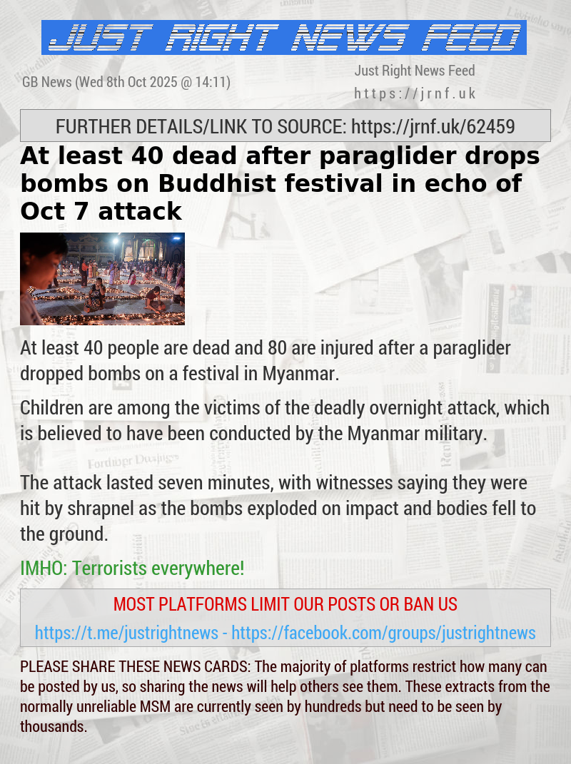 At least 40 dead after paraglider drops bombs on Buddhist festival in echo of Oct 7 attack