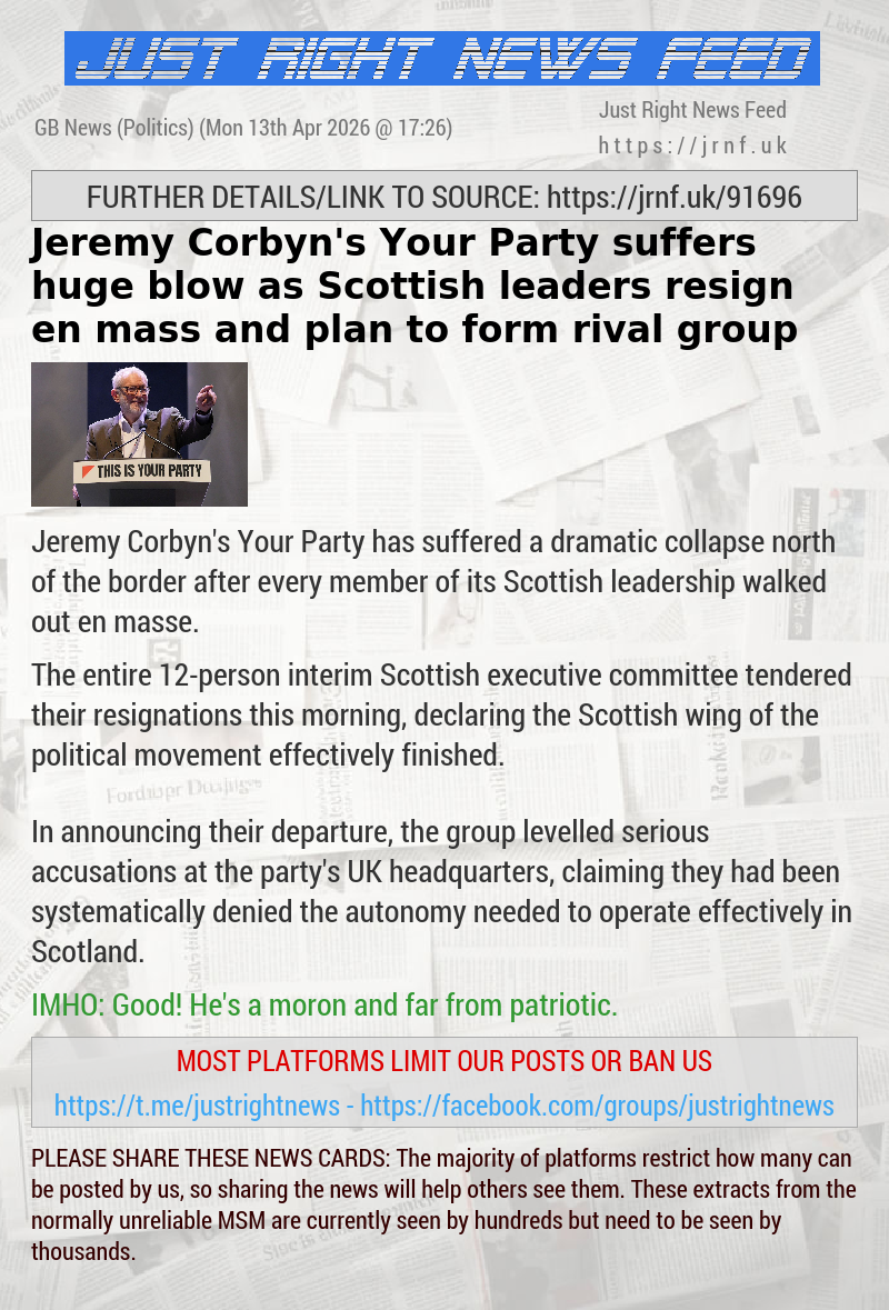 Jeremy Corbyn’s Your Party suffers huge blow as Scottish leaders resign en mass and plan to form rival group