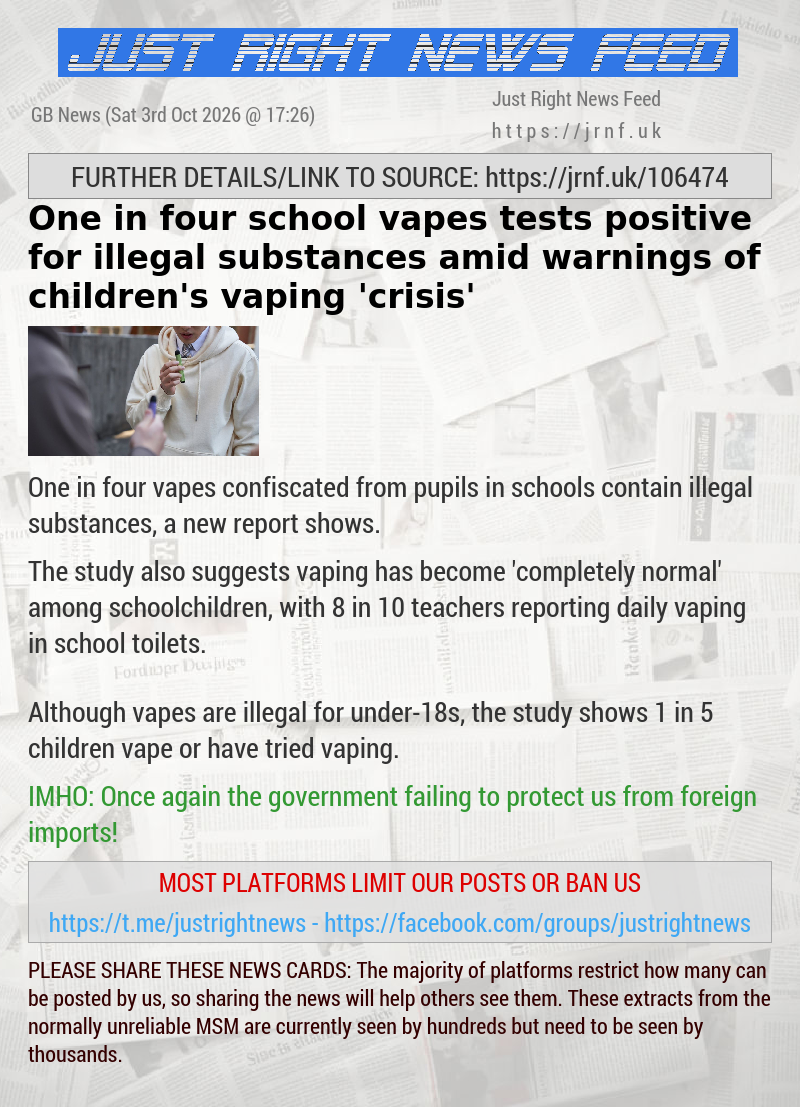 One in four school vapes tests positive for illegal substances amid warnings of children’s vaping ’crisis’