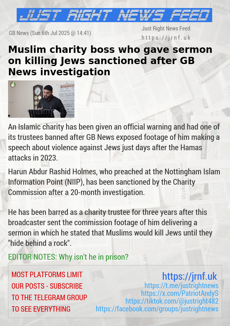 Muslim charity boss who gave sermon on killing Jews sanctioned after GB News investigation
