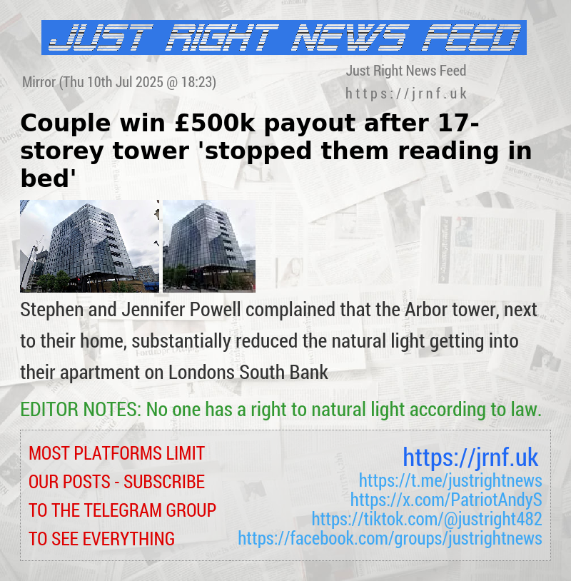 Couple win £500k payout after 17—storey tower ’stopped them reading in bed’