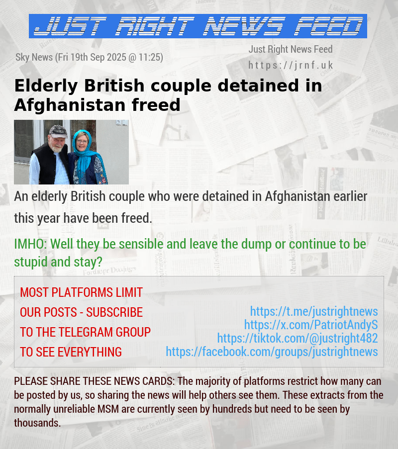 Elderly British couple detained in Afghanistan freed
