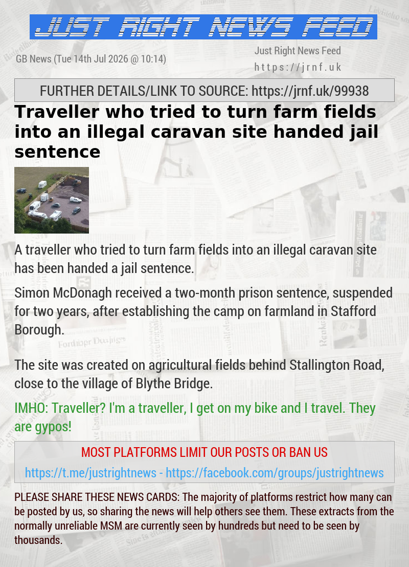 Traveller who tried to turn farm fields into an illegal caravan site handed jail sentence